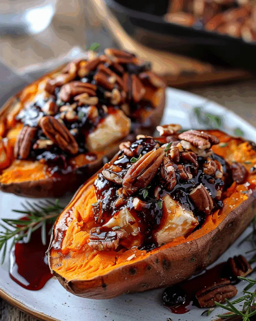 Maple Pecan & Brie Stuffed Sweet Potatoes with a Cranberry Glaze
