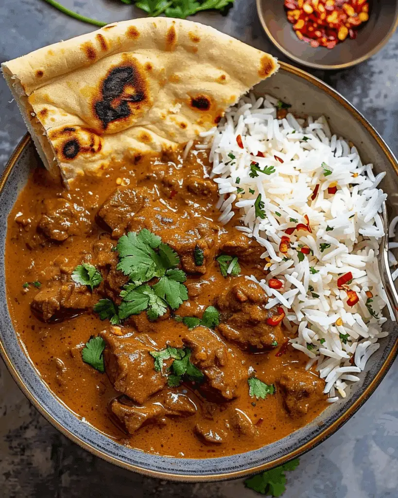 Fiery Beef Coconut Curry with Rice, Garlic Naan & Chili Garnish