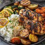Grilled Chicken Platter with Rice, Roasted Potatoes & Lemon Veggies