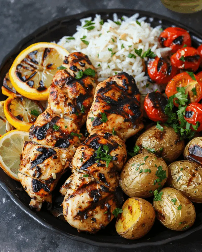Grilled Chicken Platter with Rice, Roasted Potatoes & Lemon Veggies