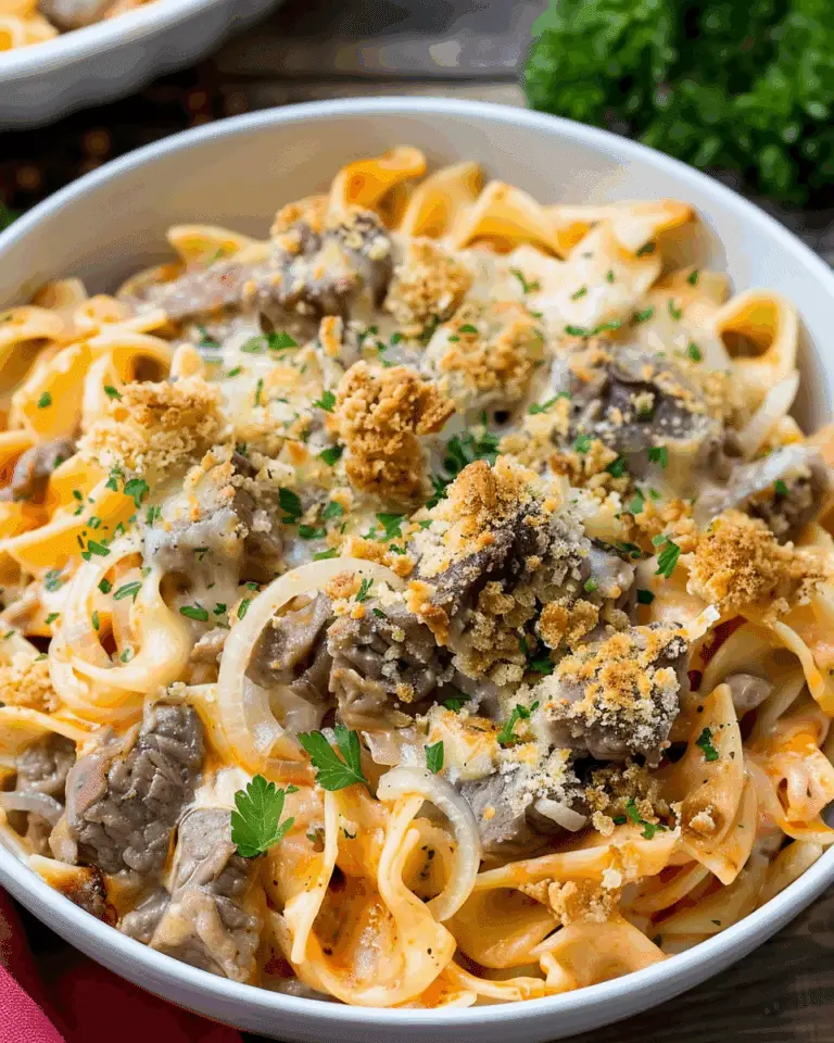 Cheesy Beef and Noodle Casserole with Crispy French Onions