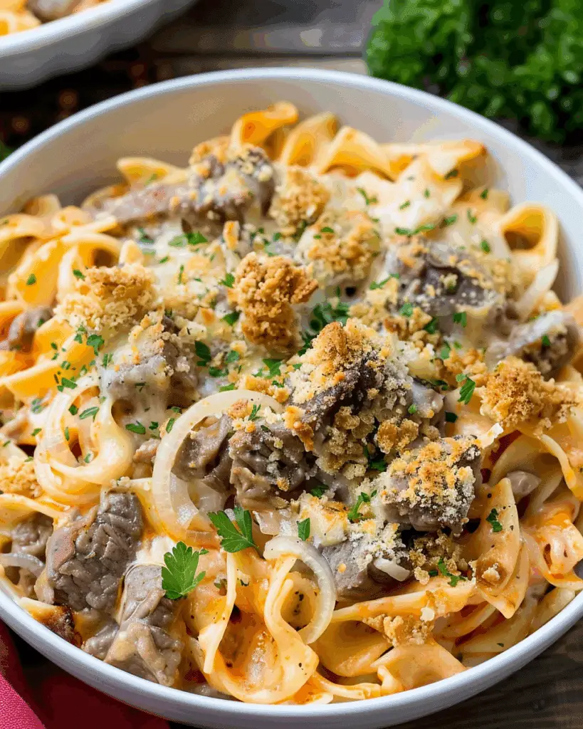 Cheesy Beef and Noodle Casserole with Crispy French Onions