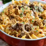 Cheesy Beef and Noodle Casserole with Crispy French Onions