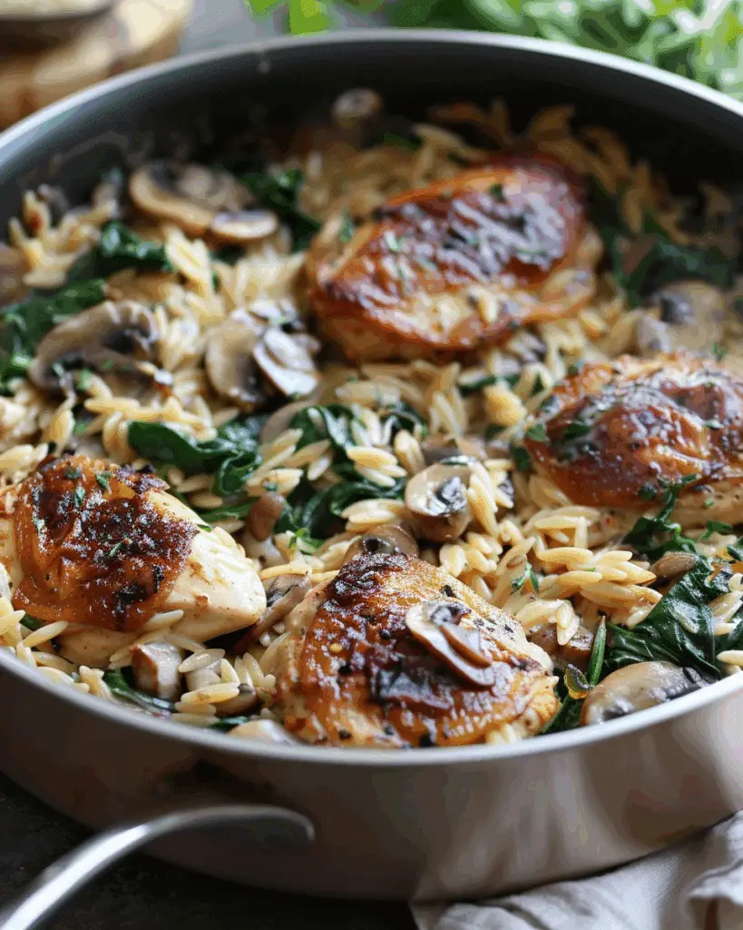One-Pan Creamy Spinach Mushroom Orzo with Chicken