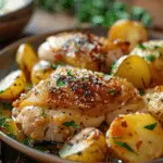 Crispy Garlic Butter Chicken Thighs with Parmesan Potatoes