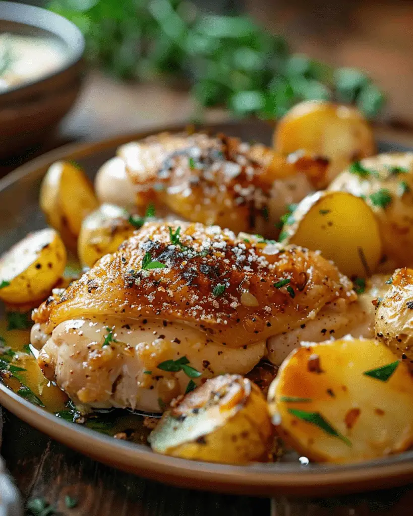 Crispy Garlic Butter Chicken Thighs with Parmesan Potatoes