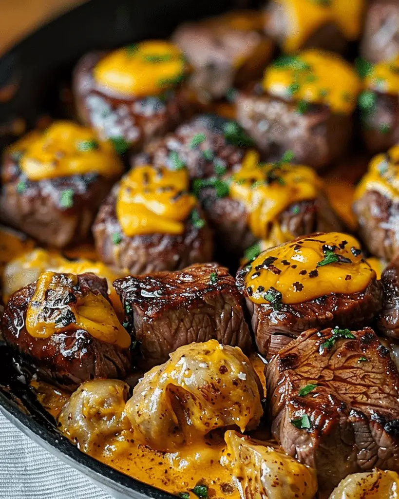 Sweet Heat Skillet Steak Bites with Cheddar Lava Drizzle