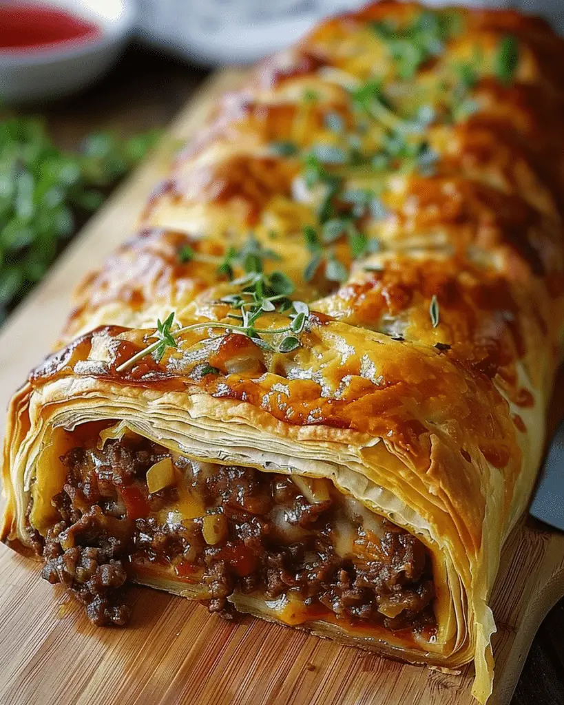 Golden Beef & Cheese Stuffed Puff Pastry Loaf