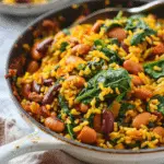 One Pot Vegan Caribbean Pelau with Beans and Spinach
