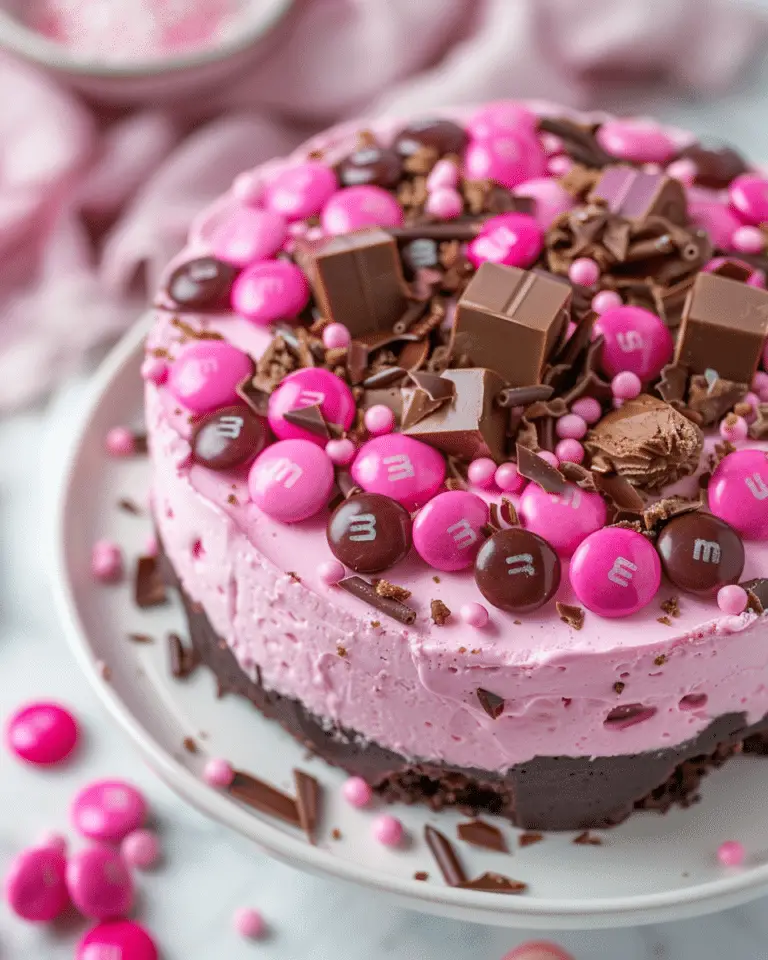 Pink M&M Snickers Cheesecake