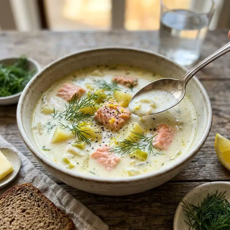Creamy Dill Salmon Soup with Potatoes and Leeks