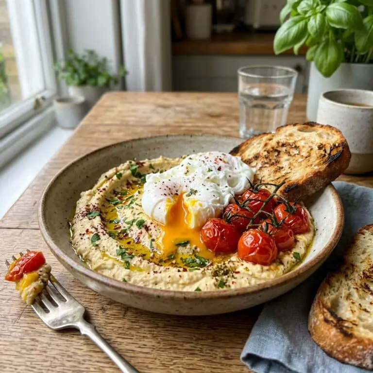 Poached Eggs with Roasted Tomatoes and Hummus