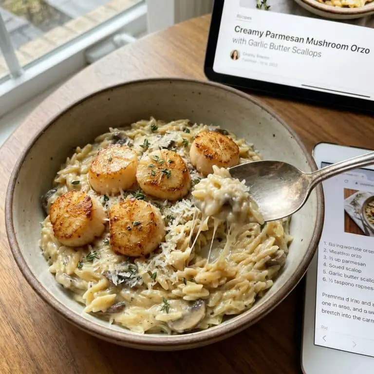 Creamy Parmesan Mushroom Orzo with Garlic Butter Scallops