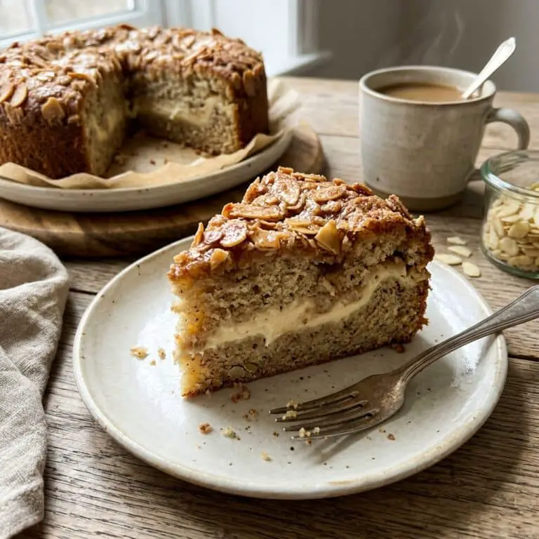 Moist Vegan Almond Coffee Cake with “Cream Cheese” Filling